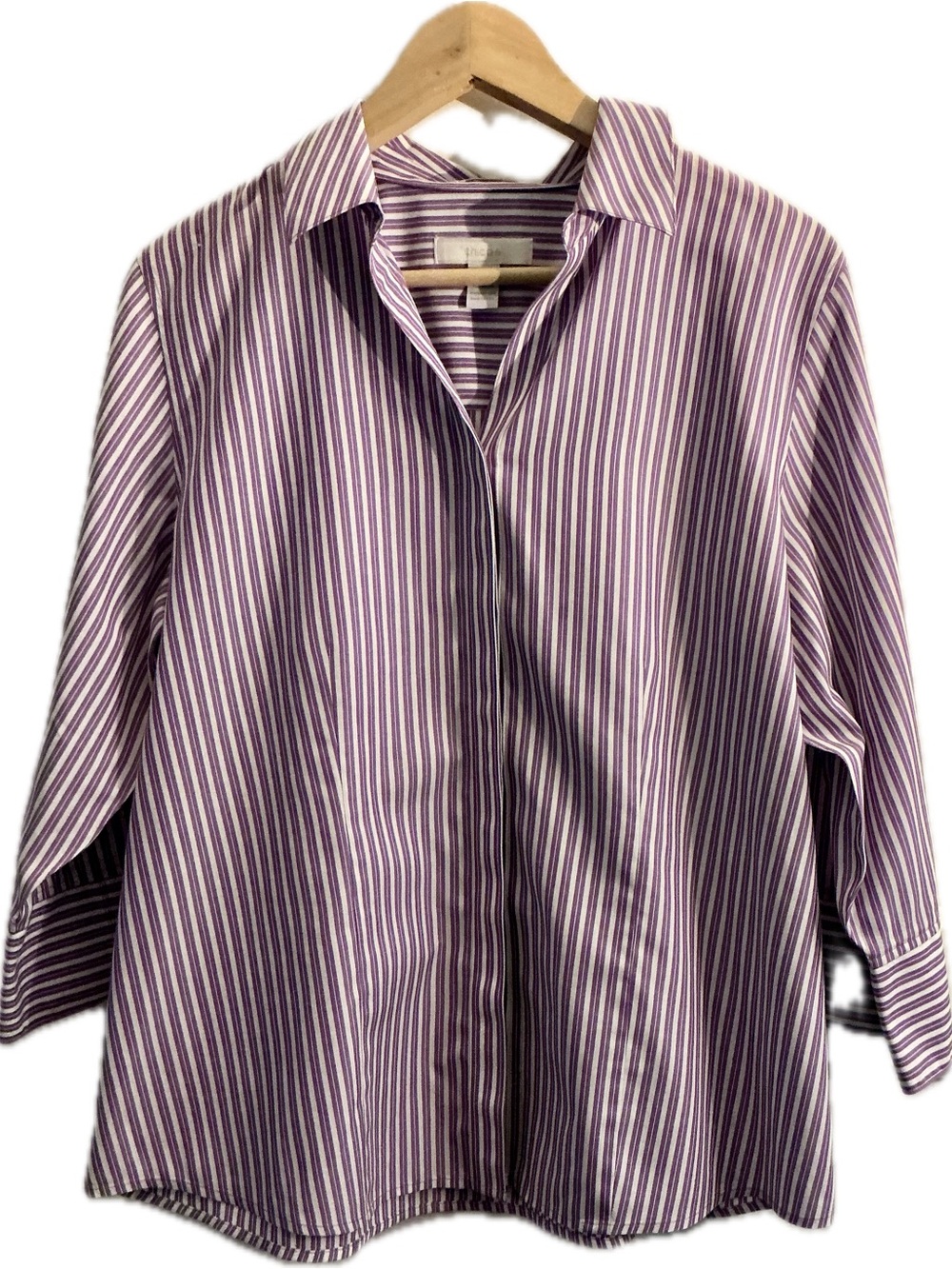 Chico’s No Iron Purple White Striped Button Front Shirt Size 2 Large 12/14